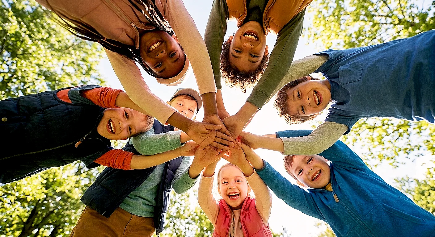 Kinder legen gemeinsam ihre Hände übereinander – Mobbingprävention und Resilienz an Schulen
